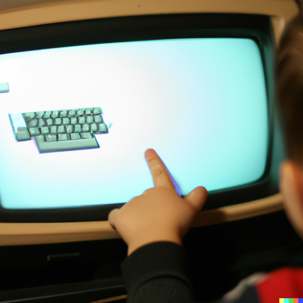 AI-generated image of a child looking at a CRT display picturing a cartoon keyboard.