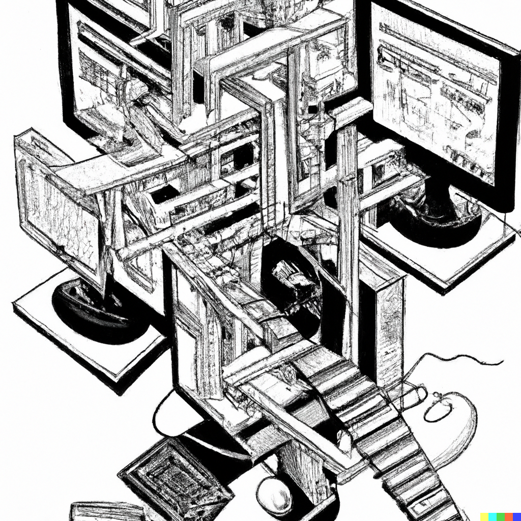 A complicated computer that runs on the subjunctive tense, drawn in the style of escher