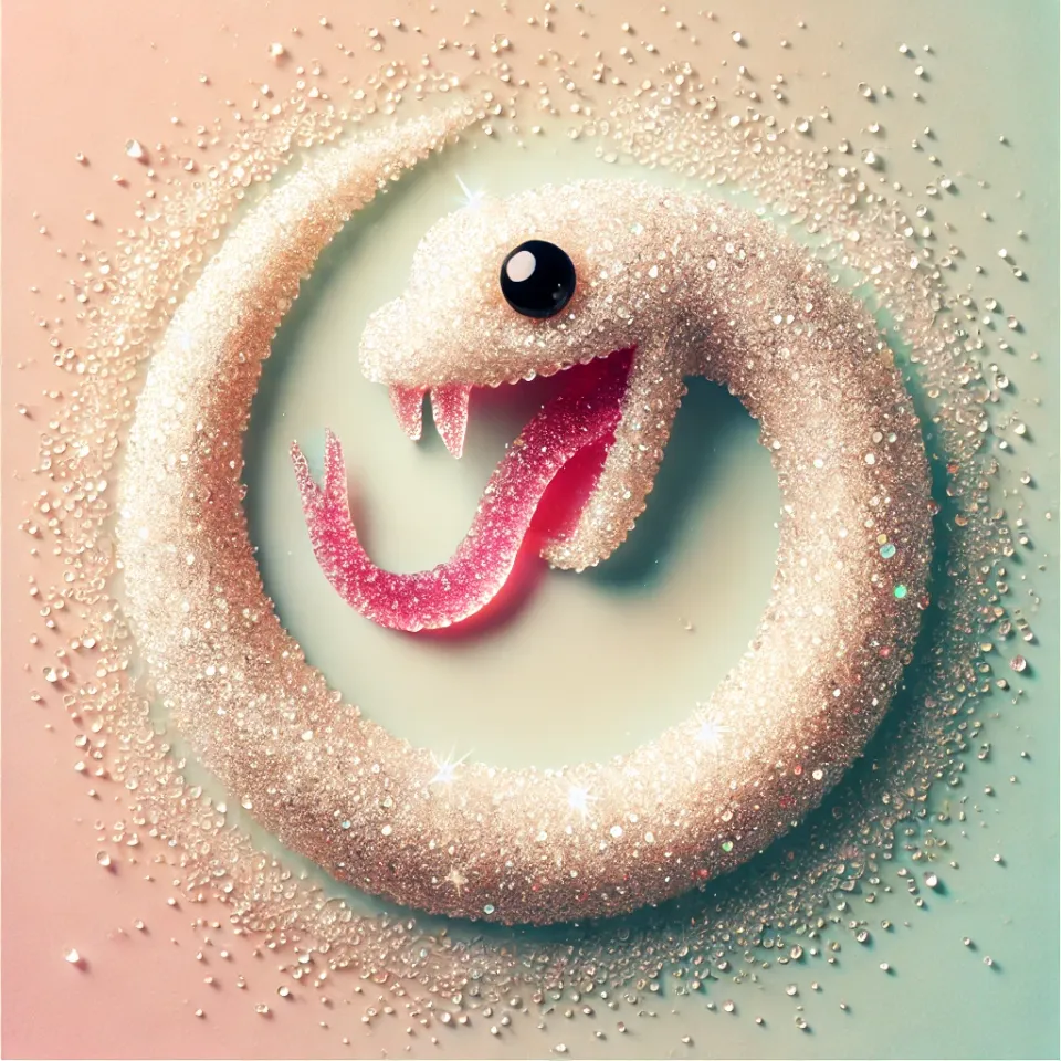 an ouroborus made of sugar crystals licking its own tail